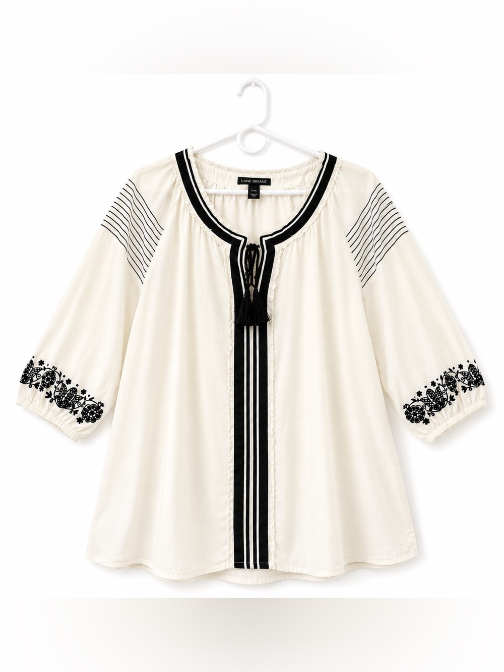 Lane Bryant Ivory & Black Embroidered Peasant Tunic Top Size 14/16